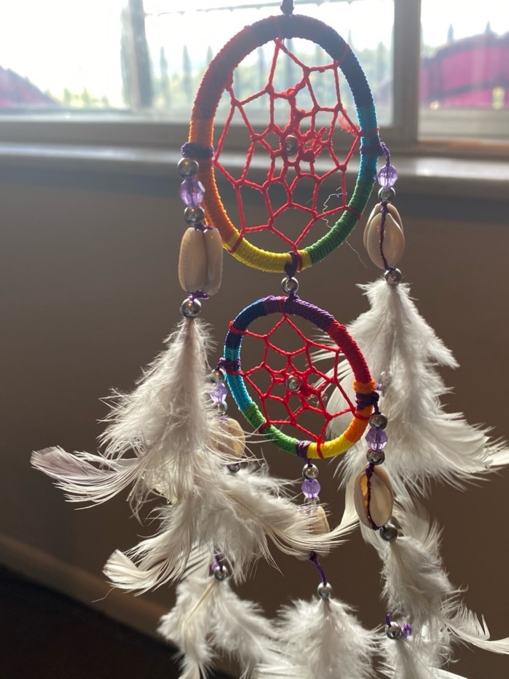 Rainbow Dreamcatcher with White Feathers and Bead Accents
